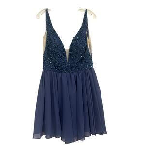Jolene by Josh Embellished Beaded Swing Cocktail Dress Size 10 Navy Blue
